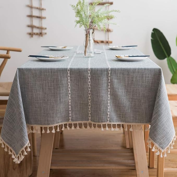 Pahajim Striped Tablecloth Rectangle with Tassels Thick Linen Cotton Table Cloth for Outdoor Picnic Dining and Holiday Kitchen Decor Rectangle/Oblong,55''x94'', 6-8 Seats