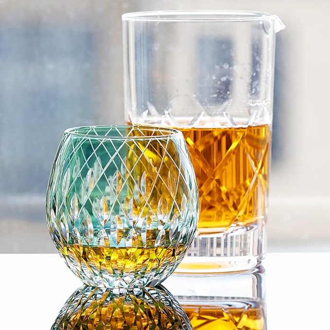 JINZHI Japanese Style EDO Kiriko Whiskey Glasses 11OZ Unique Shape Colored Hand Carved Glass Tumbler for Bourbon Lovers - Style Glassware for Rum - Rocks Glass in Gift Box (Dark Green)