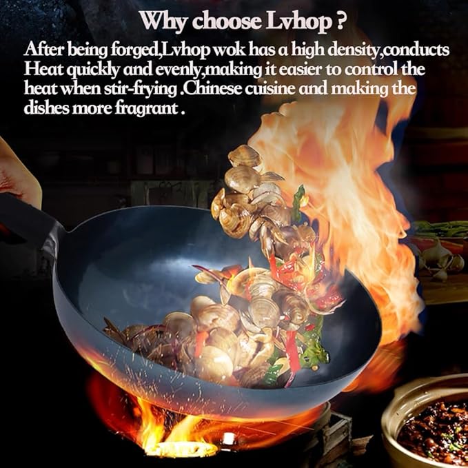 iron wok with lid,12.6 inch woks & stir-fry pans nonstick,chinese traditional pans for open fire,large cookwares,cooking,bbq,grill,camping,blue pre-seasoned round bottom wok (32cm)