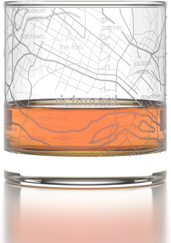 Well Told Engraved Richmond Virginia Map Rocks Glass, Old Fashioned Whiskey Glass (11 oz, Clear) Etched Whiskey Glass, Gifts For Whiskey Lovers