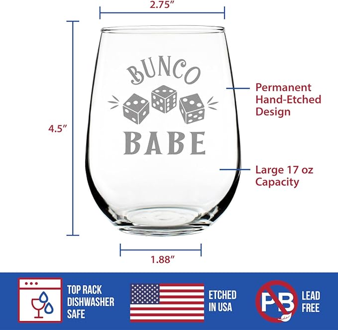 Bevvee Bunco Babe Stemless Wine Glass - Bunco Decor and Bunco Gifts for Women - Large 17 Oz Glasses