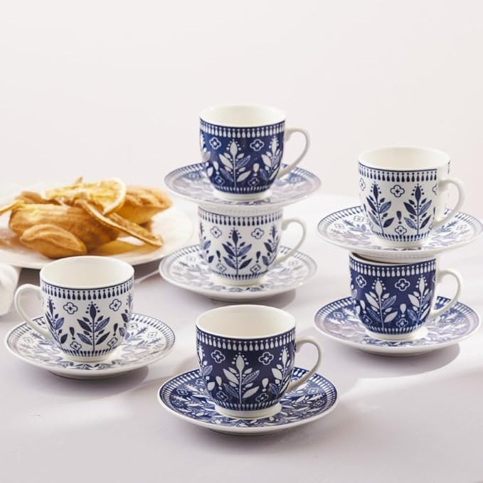 KARACA Peyker Turkish Coffee Cup Set for 6 People - 12 Piece Cups with Saucers - Small Bone China Espresso Set - Ideal for Serving Greek, Arabic Coffee (2.8 fl oz)