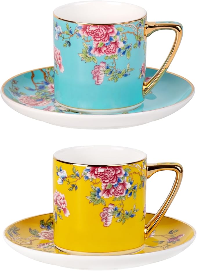 KAMMAK Tea Cups and Saucers Set of 2, Porcelain Coffee Cup with Saucer for Espresso, Cappuccino, 7.5oz Vintage Yellow and Blue Floral Ceramic Novelty Mug for Home, Tea Party, Office