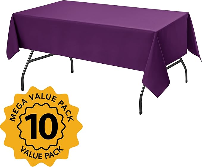 10-Pack Purple Tablecloths for Rectangle Tables, 60 x 84 Inches, Stain-Resistant Polyester Fabric for 4 Foot Tables - Washable Table Covers for Weddings, Banquets, Birthday Parties, Events
