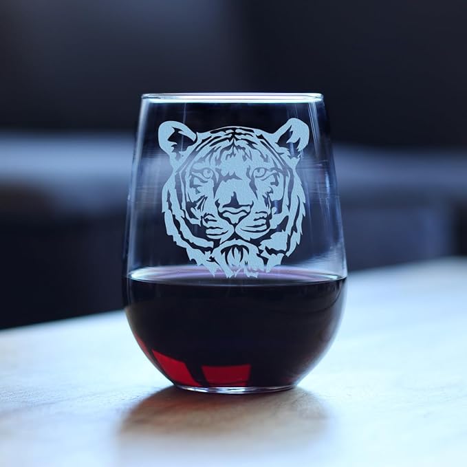 Custom Tiger Face Personalized Stemless Wine Glass - Tiger Themed Decor and Gifts for Animal Lovers - Large 17 Oz Glasses - Customized Wine Glass Gift