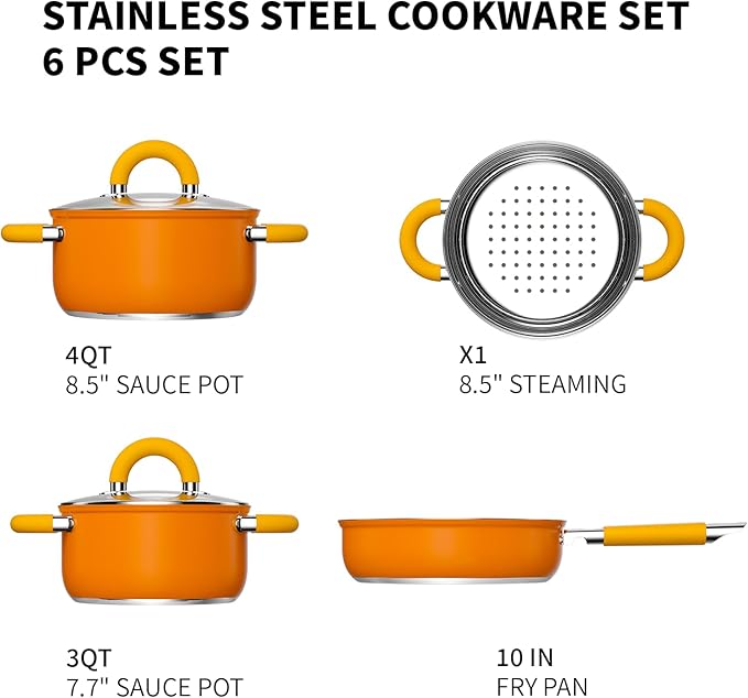 Pots and Pans Set, Stainless Steel Orange Cookware Set of 6, 4 3 QT Steamer Pot Frying Pan, Compatible with All Stovetops, Gift for Kitchen Decor
