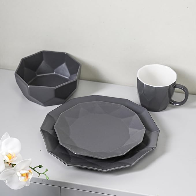 Stone + Lain Jamie Porcelain 16-Piece Geometric Dinnerware Set, Grey