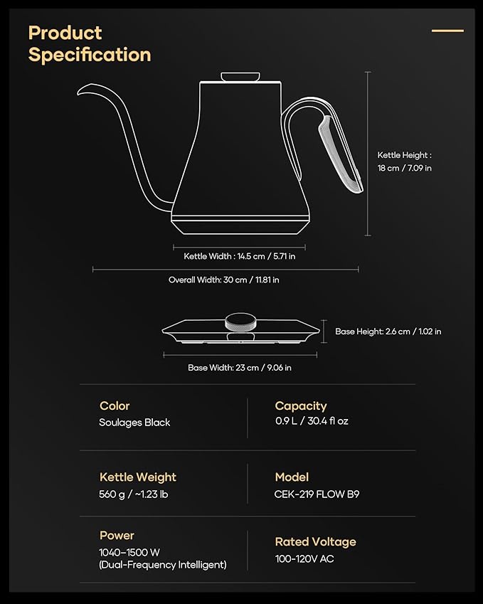Cocinare FLOW B9 Gooseneck Electric Kettle, Precise Temperature Control for Pour-Over Coffee & Tea Brewing, Stainless Steel Interior, Rapid Heating for Boiling Water 0.9L (Soulages Black)