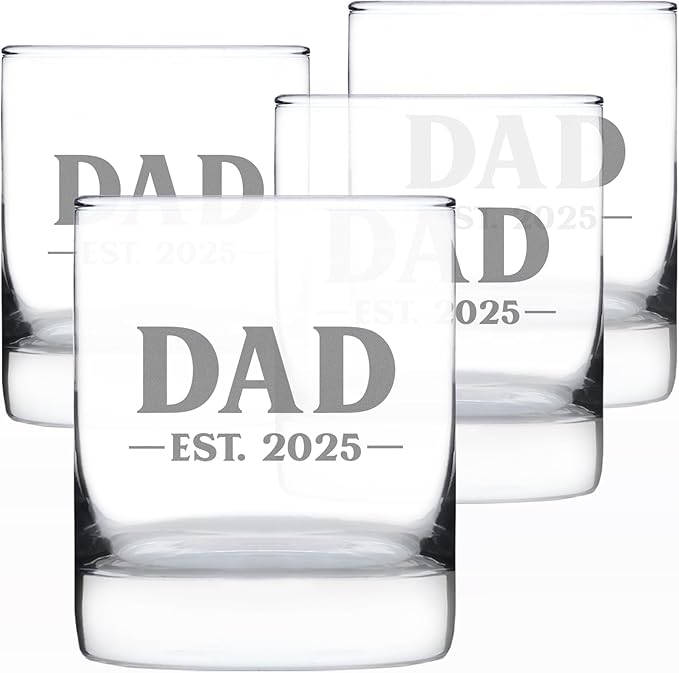 Bevvee Dad Est 2025 - New Father Whiskey Rocks Glass Gift for First Time Parents - Set of 4 - Bold 10.25 Oz Glasses