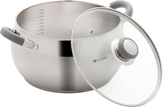 Daniks Modern 7 Quart Stainless Steel Stock Pot with Glass Lid, Tri-Ply Bottom for Even Heating, Induction Compatible, Dishwasher Safe, Heatproof Handles