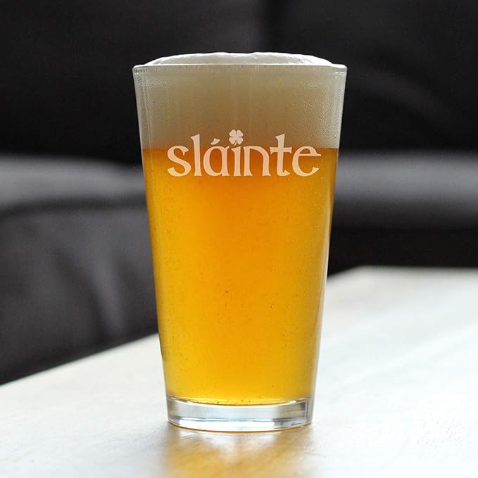 Bevvee Slainte Irish Cheers Pint Glass - Fun St Patricks Day Party Decor or Gifts - 16 Ounce