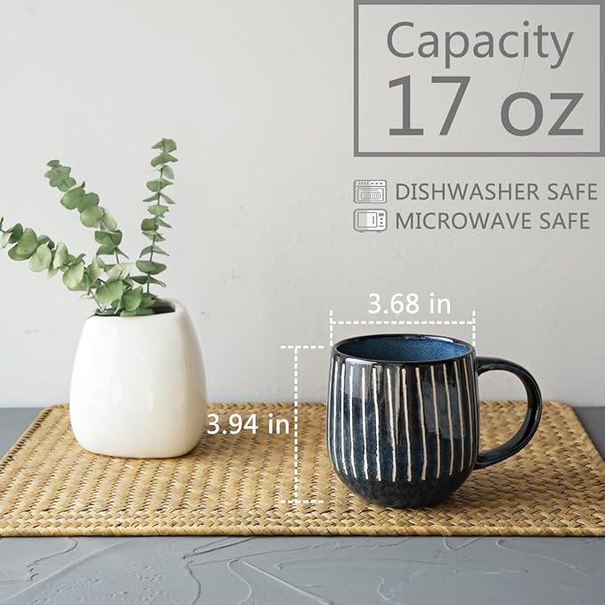 Bosmarlin Ceramic Coffee Mug Set of 4, 17 Oz, Coffee Cups with Big Handle, Microwave and Dishwasher Safe (Deep Blue, 17 Oz)