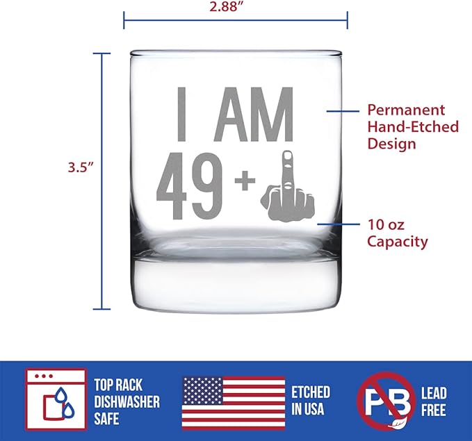 Bevvee 49 + 1 Middle Finger - Funny 50th Birthday Whiskey Rocks Glass Gifts for Men & Women Turning 50 - Fun Whisky Drinking Tumbler