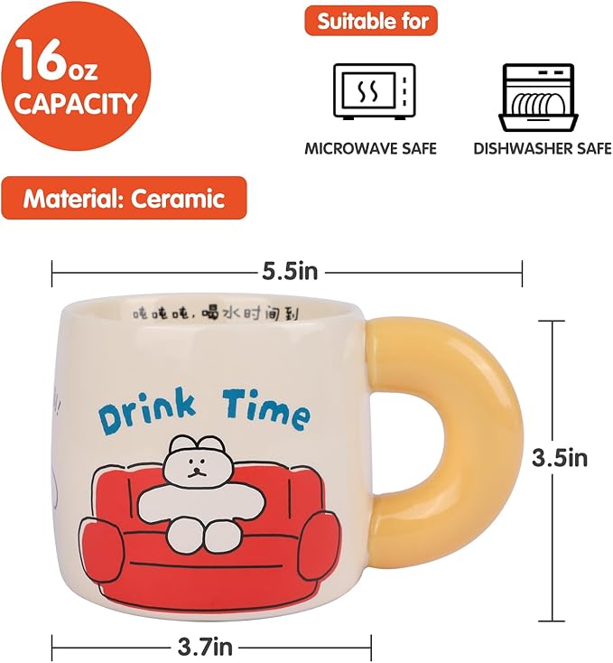 Ceramic Coffee Mugs 16 oz (460 ml) Coffee Cups with Handle & Cartoon Stickers- Large & Heartwarming Novelty Big Mug for Women, Men, Great for Hot Coffee or Tea