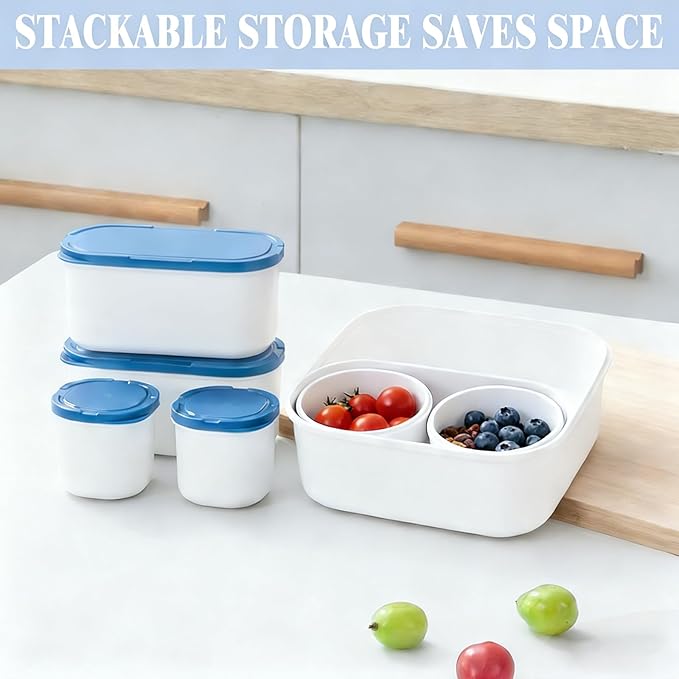 4-Piece Nesting Food Storage Containers with Lids, BPA-Free Stackable Space Saving Kitchen Containers Set for Meal Prep, Organization (150ml+150ml+500ml+1350ml) (Blue Lid & White Body)