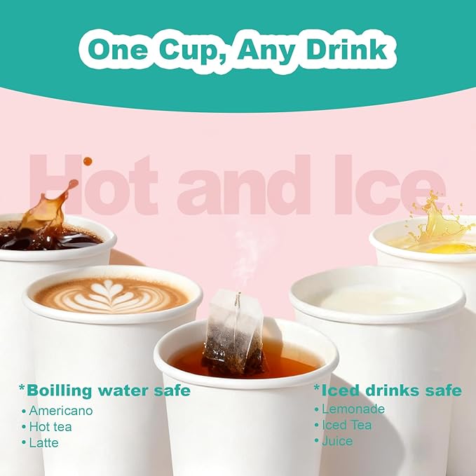 16 oz 100 Pack Disposable Coffee Cups, Bulk White Disposable Paper Cups, Coffee Cups for Hot Tea, Chocolate and Cold Drinks