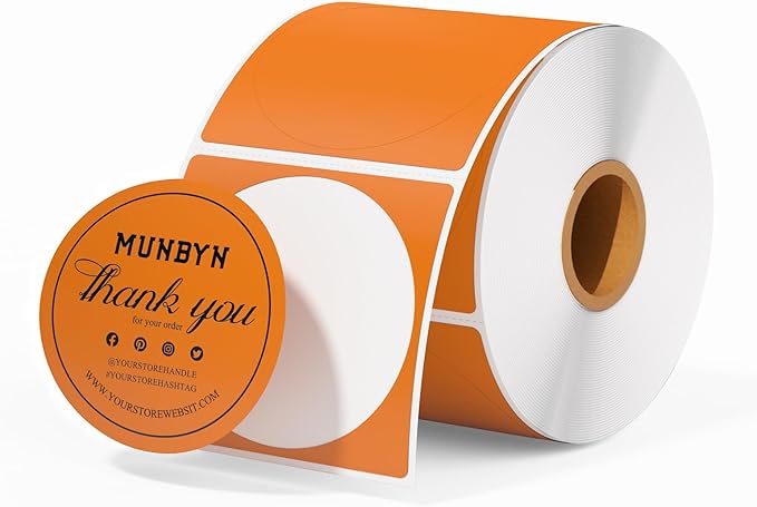 MUNBYN 2 Inch Orange Circle Thermal Labels, Multi-Purpose Self-Adhesive Round Thermal Printer Stickers for Business, 750 Sheets/1 Roll