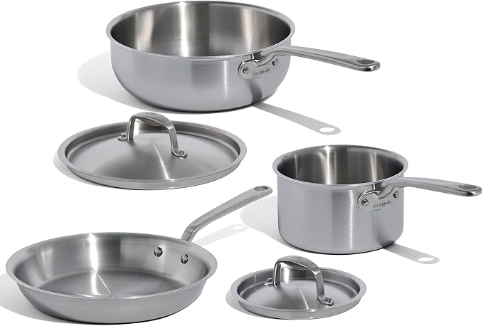 Made In Cookware - 5 Pc Stainless Steel Cookware Set - 5 Ply Clad - Includes Stainless Steel Frying Pan, Saucepan and Saucier with Lid - Professional Cookware - Crafted in Italy