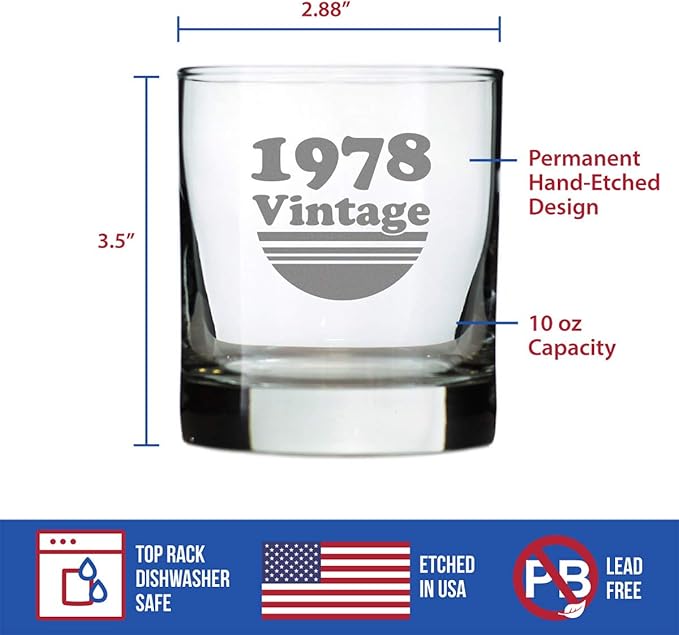 Bevvee Vintage 1978 Whiskey Rocks Glass - 48th Birthday Gifts for Men & Women Turning 48 - Old Fashioned Bday Decor - 10.25 oz