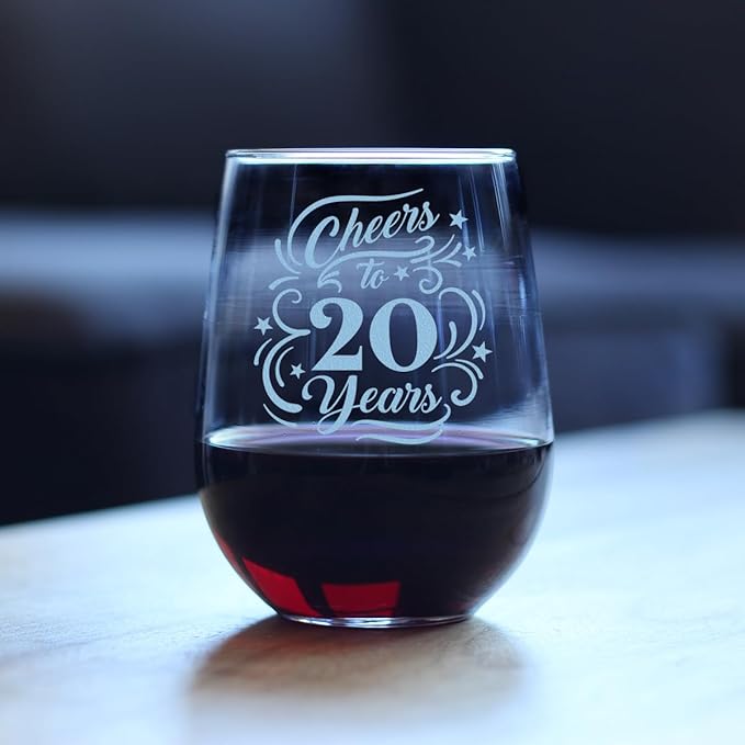 Custom Cheers to 20 Years - Personalized Stemless Wine Glass Gifts for Women & Men - 20th Anniversary or Birthday Party Decor - Large 17 Ounce Glasses - Customized Wine Glass Gift