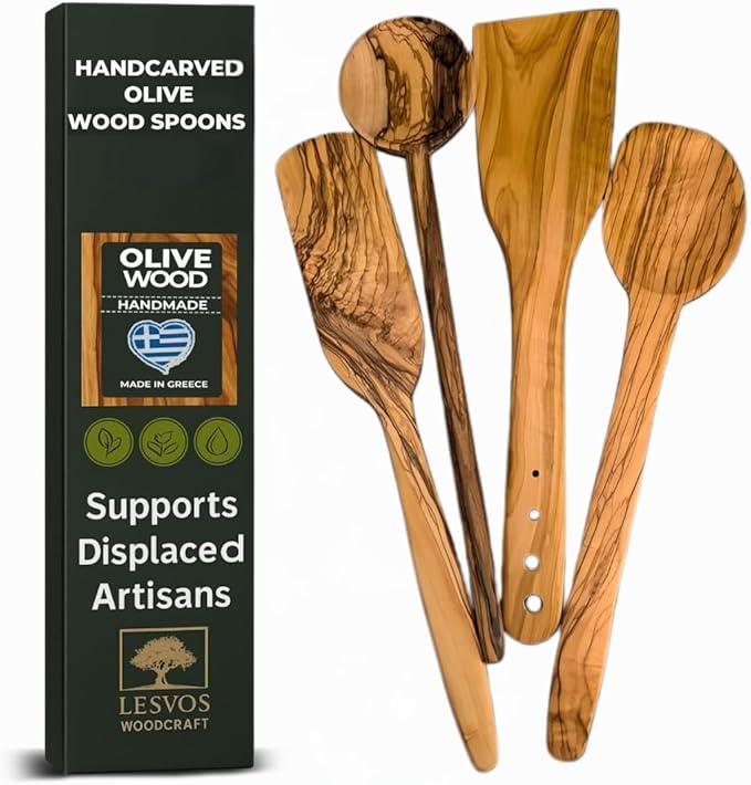 Handmade Olive Wood Kitchen Utensil Set - 4-Piece Artisan Cooking and Serving Utensil Bundle, Olive Wood Utensils, Fair-Trade, Handcrafted, Includes 2 Greek Recipes - LESVOS WOODCRAFT