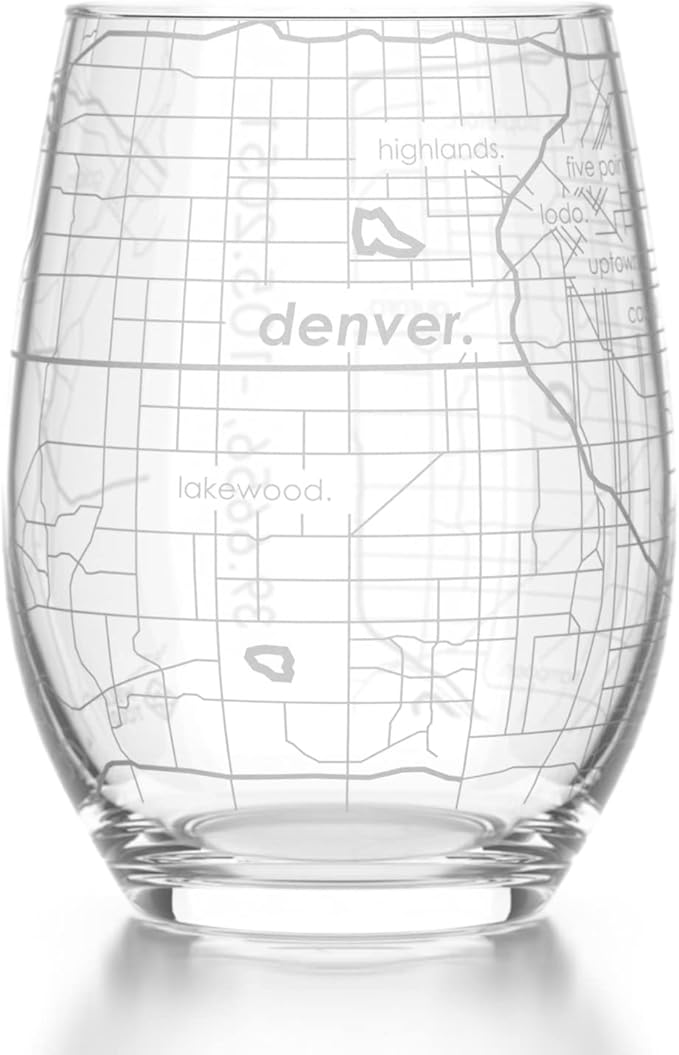 Well Told Engraved Denver Colorado Map Stemless Wine Glass, Etched Wine Glass (15 oz, Clear) City Map Wine Glass, Custom Wine Glass, Gifts for Wine Lovers