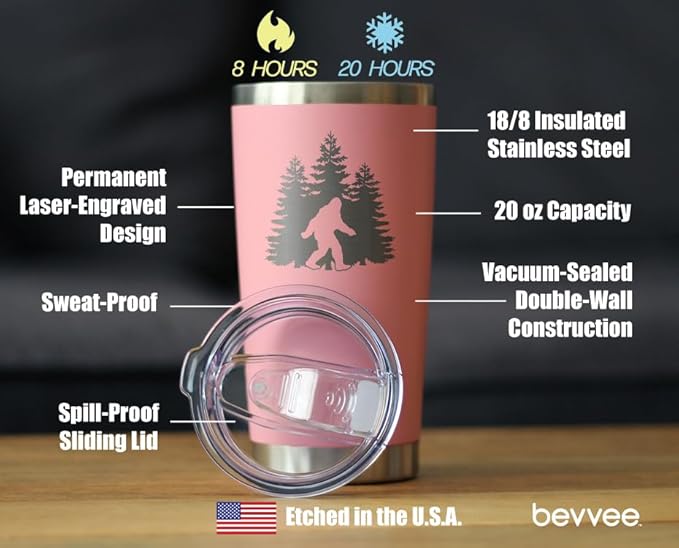 Bevvee Bigfoot - Insulated Coffee Tumbler Cup with Sliding Lid - Stainless Steel Insulated Mug - Funny Bigfoot Gifts for Sasquatch Enthusiasts - Pink