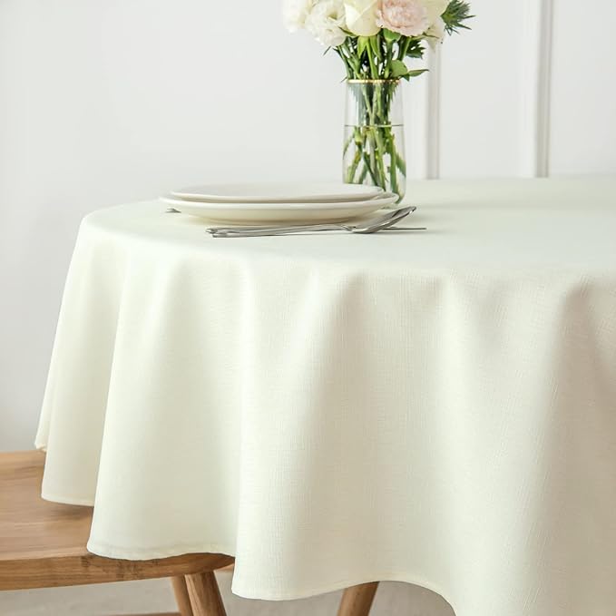 maxmill Round Linen Looking Textured Tablecloth Spill-Proof Wrinkle Free Soft Jacquard Table Cloth for Circular Table Cover, for Dining Room Buffet Banquet Parties Holiday Dinner, 70 Inch Ivory