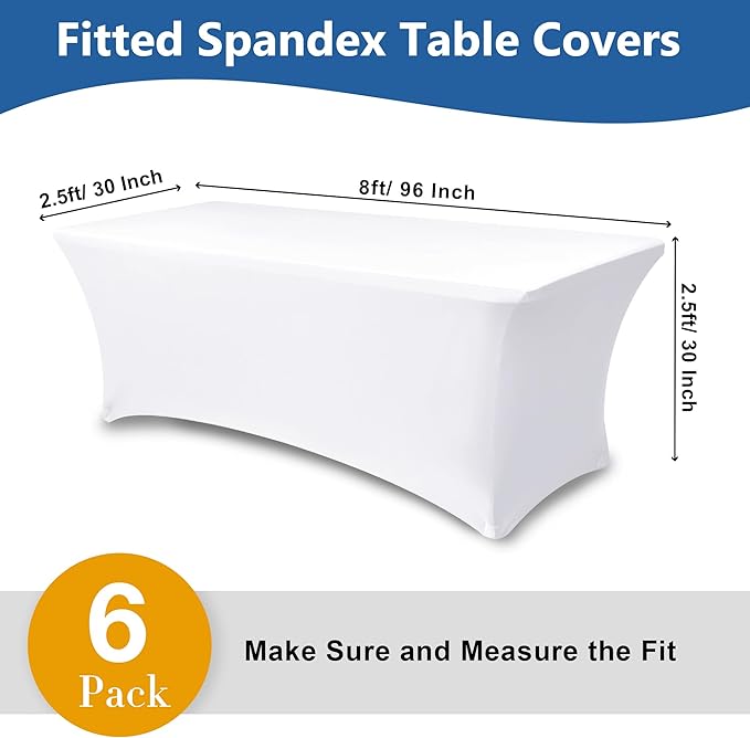 Spandex Table Cloths for 8 Foot Rectangle Tables-6 Pack Fitted Stretch White Table Covers-Elastic Folding Tablecloths for Party, Vendor Booth Display, Banquet Buffet Event, Craft Trade Show
