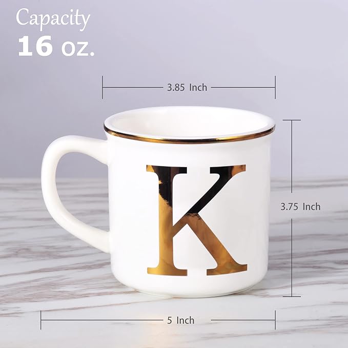 Miicol Ceramic Coffee Mug 16 oz, Monogram Coffee Cup, Golden Initial Tea Mug, Personalized Tea Cup, Unique Gift, Large Mug for Home, Office, Letter K