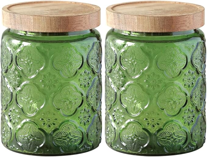 Vintage Glass Jar with Lid, Cookie Candy Jar Coffee Canister Food Storage Containers Set for Kitchen Office (Green Birchapple Flowers - Acacia)