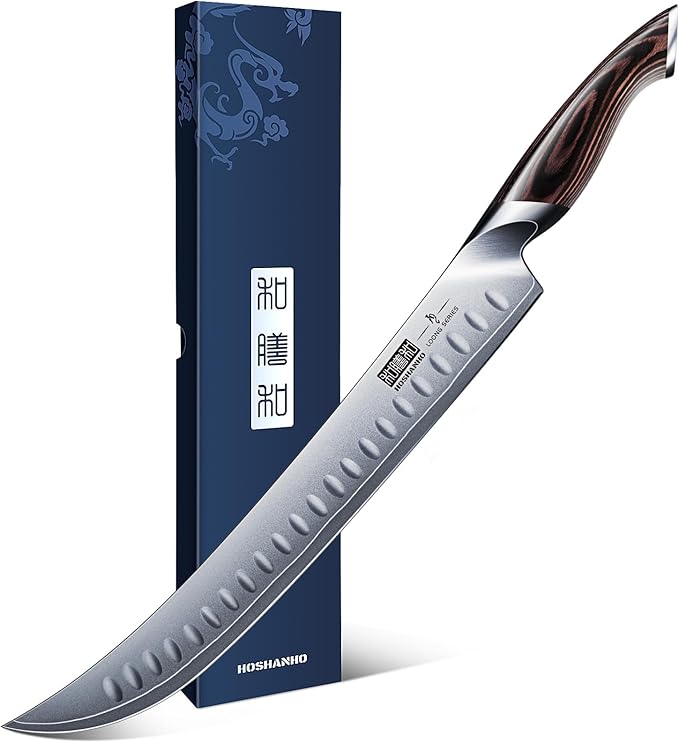 HOSHANHO Carving Slicing Knife, 12 Inch Japanese High Carbon Steel Brisket Knife with Ergonomic Pakkawood Handle, Razor Sharp Curved Butcher Breaking Knives for Meat Cutting
