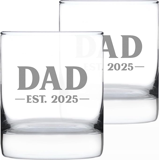Bevvee Dad Est 2025 - New Father Whiskey Rocks Glass Gift for First Time Parents - Set of 2 - Bold 10.25 Oz Glasses