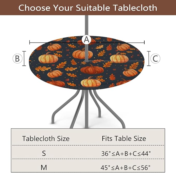 Outdoor Fitted Round Table Cloth with Umbrella Hole, Fall Pumpkin Circle Elastic Tablecloth 45"-56" Waterproof Zipper Patio Table Cover for Picnic Camping Party Halloween Christmas Decoration