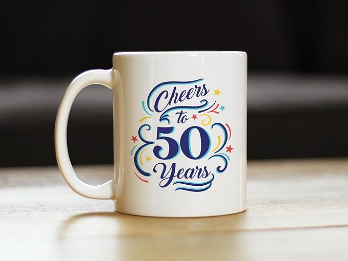 Bevvee Cheers to 50 Years - Coffee Mug Gifts for Women & Men - 50th Anniversary Party Decor - 11oz White Ceramic Mug