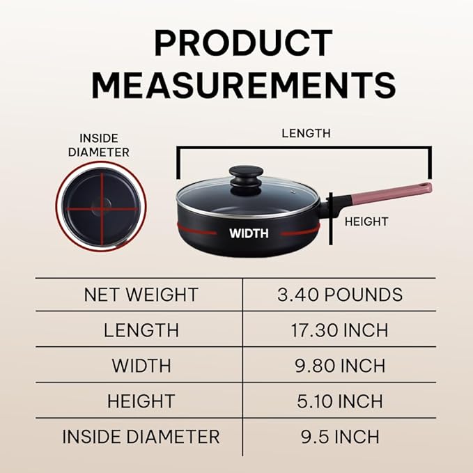 Brabantia Tasty+ 9.5” Nonstick Ceramic Sauté Pan with Lid – PFAS/PFOA/PTFE Free, 2.5 Qt Deep Skillet for Healthy Cooking, Stay-Cool Handle, All Stovetop Safe