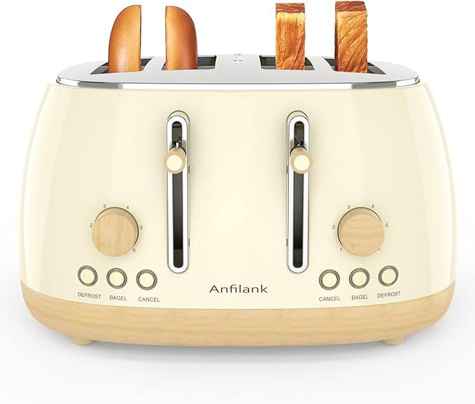 Toaster 4 Slice,Retro Stainless Steel Toaster with Extra Wide Slots Cancel, Bagel, Defrost Function, Dual Independent Control Panel, Removable Crumb Tray and High Lift Lever (Beige)