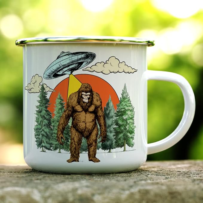 Loftipop Bigfoot Sasquatch UFO Alien Abduction Retro Campfire Mug, Outdoor Camping Coffee Cup, Paranormal Lover Gift (12oz)