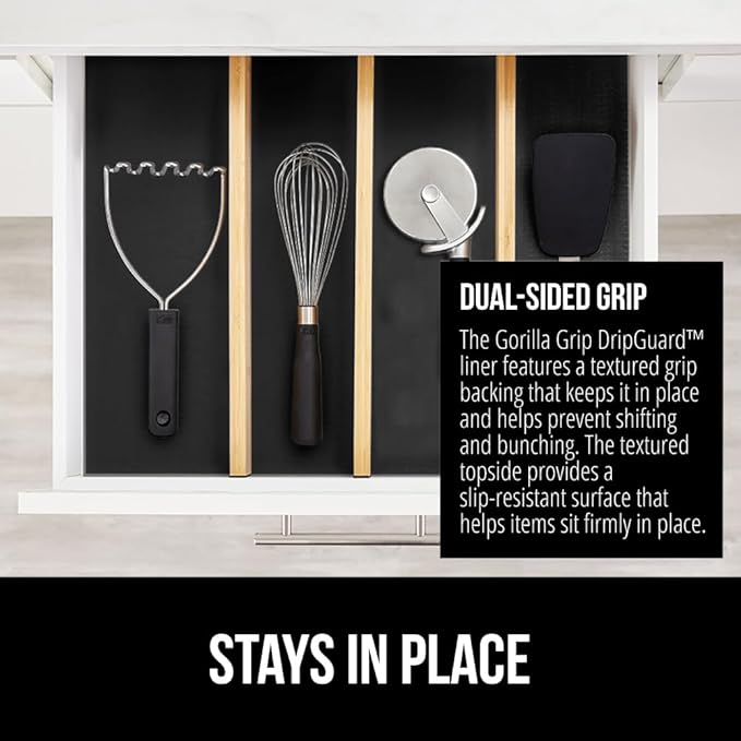 GORILLA GRIP DripGuard Shelf Liner, Non Adhesive Drawer and Kitchen Cabinet Protector, Slip Resistant BPA Free Smooth Surface Plastic Liners for Cabinets, Bathrooms, Closets, 17.5x120 Inch, Black