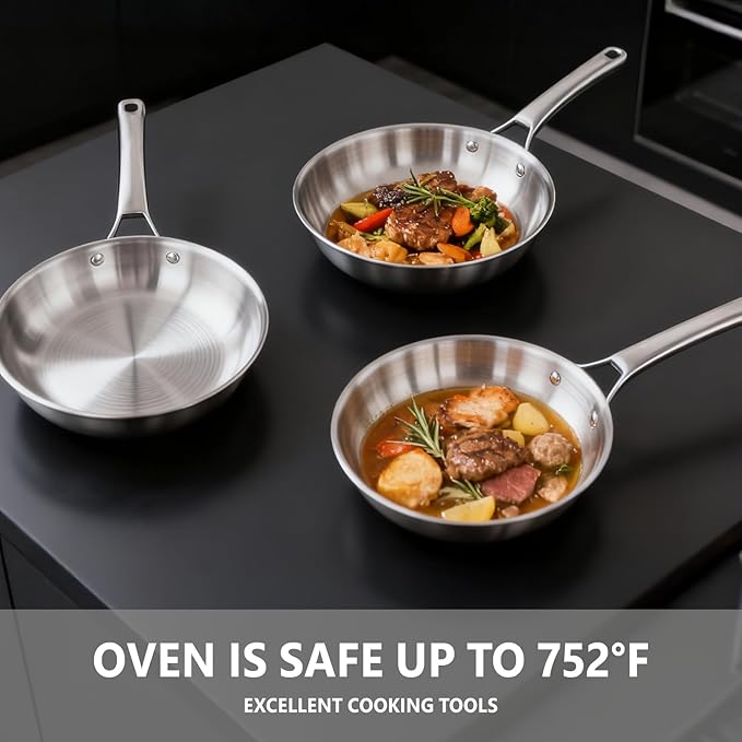 VINGLI 8'' 10'' 12'' Stainless Steel Frying Pan Set, Tri-Ply Skillets Set with Lids, Non-Toxic Chef's Pan, PFOA & PTFE Free, Compatible for All Cooktops, Dishwasher & Oven Safe (5-Pcs Skillets Set)