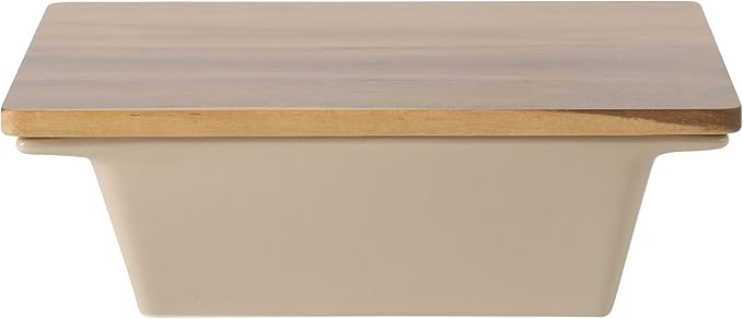 Gibson Elite 2-Quart 10" x 8.5" Stoneware Baking Dish with Acacia Wood Lid – Taupe Rectangular Oven Safe Baker for Casseroles, Roasting & Serving