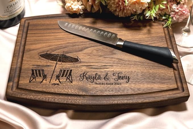 Personalized Cutting Board, Custom Wedding, Anniversary or Housewarming Gift Idea, Wood Engraved Charcuterie, for Couples and Friends, Tropical Beach Design 051