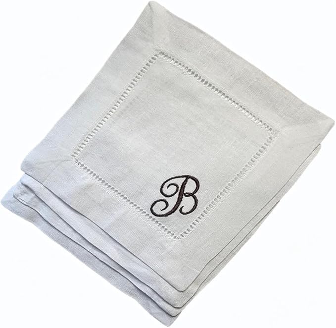 Personalized Embroidered Linen Cotton White Cocktail Napkins Cloth Hemstitch, Custom Initials Letter Name Wedding Party Kitchen Monogrammed Coasters (Set of 4)