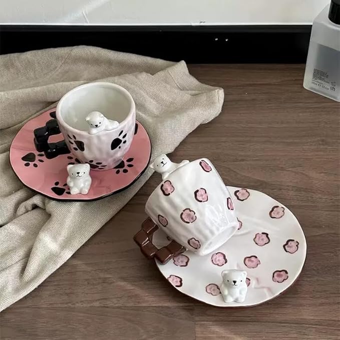 Cute Ceramic Coffee Mug, Handmade Polar Bear Tea Cups and Saucers for Women Tea Party, Latte Milk Cappuccino 8OZ (Pink Paw Prints)