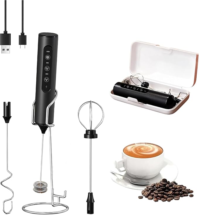 3 Speeds,Milk Frother With Storage Box & Stand,Handheld Electric Hand Mixer with 3 Detachable Whisks, Storage Case & Base, Rechargeable Frother Wand for Coffee, Creamer, Matcha, Heavy Whipping Cream