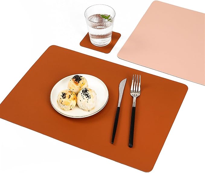 PU Place Mats Faux Leather Double Side Placemat and Coaster Set of 1/4/6 Easy to Clean Table Mat Waterproof Wipeable(DP Pink and Grey,4sets)
