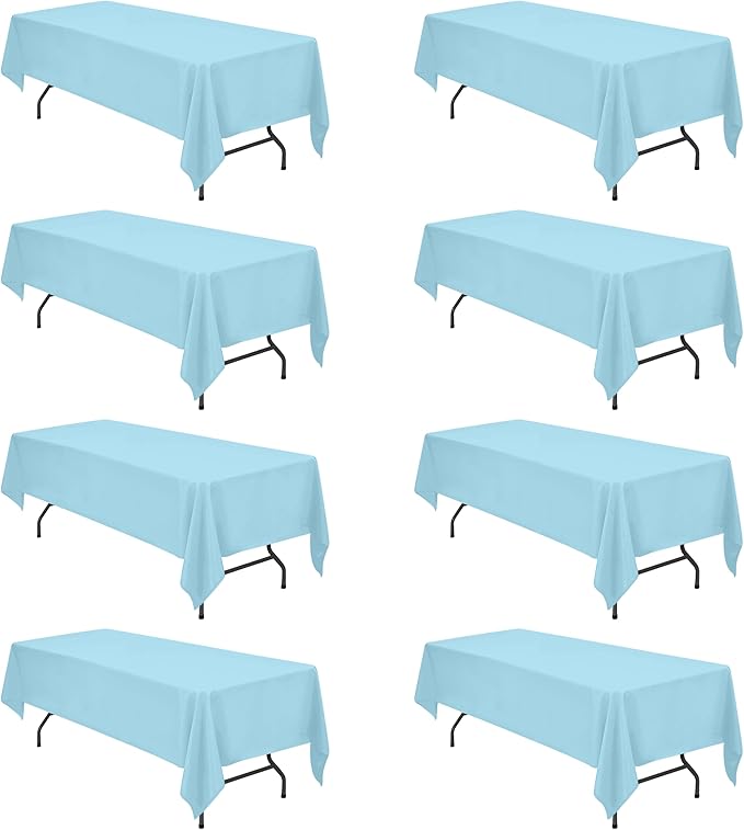 BRILLMAX 8 Pack Light Blue Tablecloths 60 x 126 Inch for 8ft Rectangle Tables - 150 GSM Polyester Fabric, 15" Standard Drop, Water, Stain & Wrinkle Resistant Cloth Cover for Wedding Dining Buffet