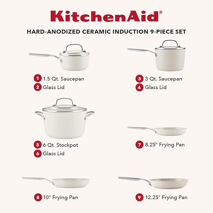 KitchenAid Hard Anodized Ceramic Induction Nonstick Pots and Pans with Saucepans, Frying Pans, Stockpot, and Lids, Dishwasher Safe, 9 Piece Cookware Set with Stainless Steel Handles - Porcelain White