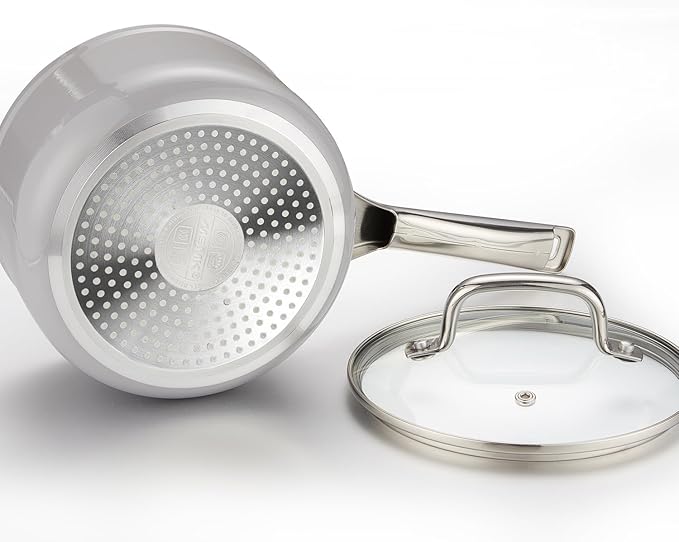 MSMK 2.5 QT PFAS-FREE Ceramic enamel saucepan with Tempered Glass Lid, Rice Burnt also Non stick, Dishwasher and Oven Safe, Induction Ready, Compatible with All Cooktops, Grey