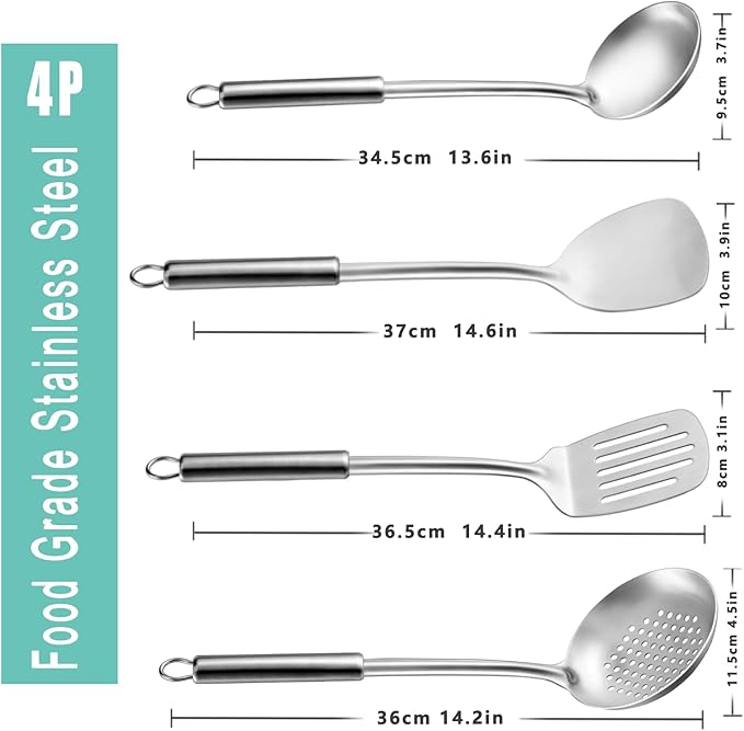 Pleafind Cooking Utensils Set - 4 Pcs Stainless Steel Kitchen Utensils, Wok Utensils Set Include Wok Ladle, Wok Spatula, Slotted Spoon and Slotted Spatula, Dishwasher Safe